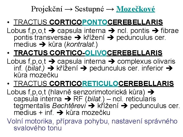 Projekční → Sestupné → Mozečkové • TRACTUS CORTICOPONTOCEREBELLARIS Lobus f, p, o, t capsula