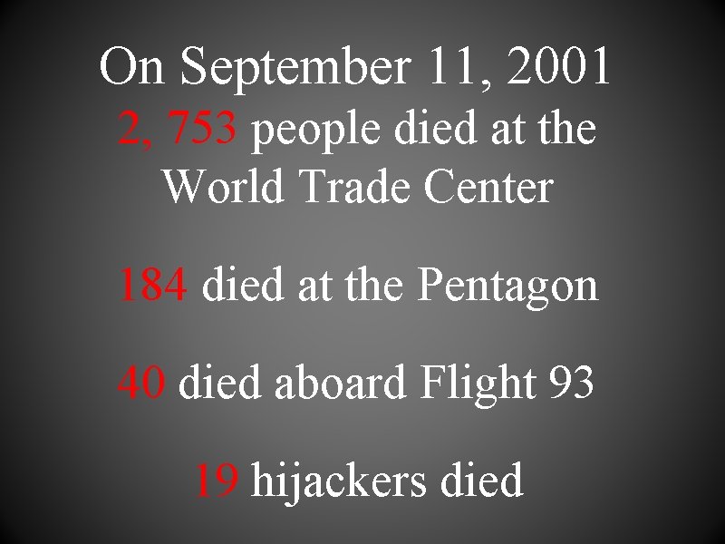 On September 11, 2001 2, 753 people died at the World Trade Center 184