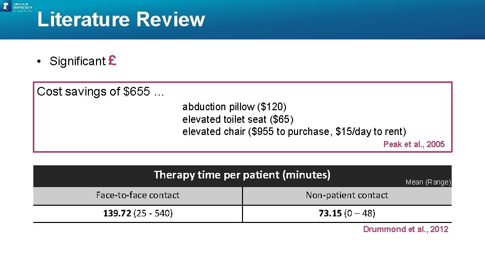 Literature Review • Significant £ Cost savings of $655 … abduction pillow ($120) elevated