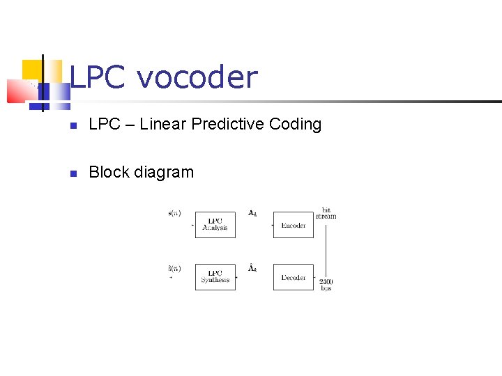 LPC vocoder LPC – Linear Predictive Coding Block diagram 