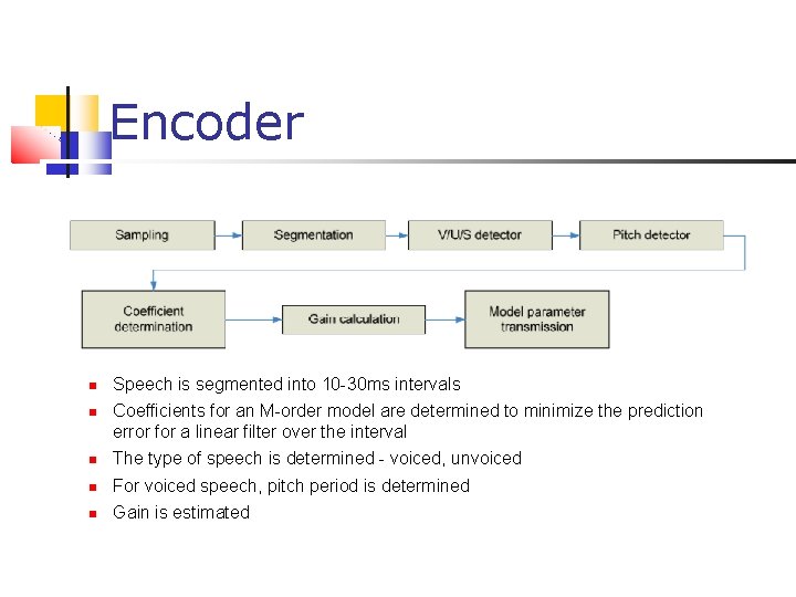 Encoder Speech is segmented into 10 -30 ms intervals Coefficients for an M-order model