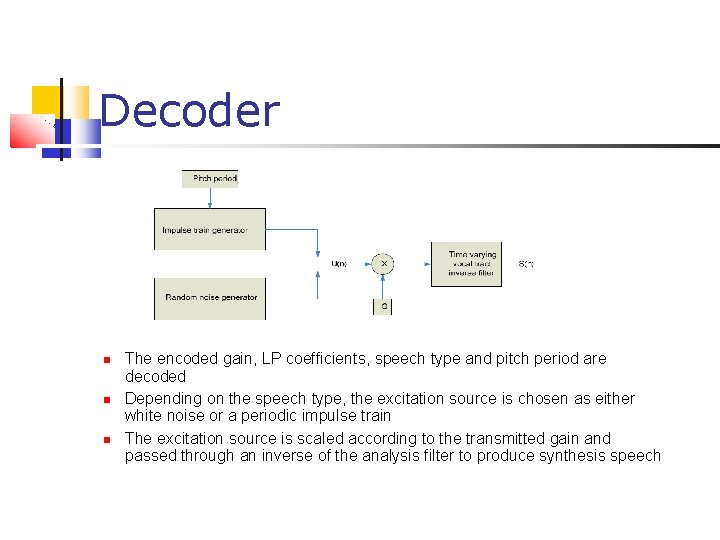 Decoder The encoded gain, LP coefficients, speech type and pitch period are decoded Depending