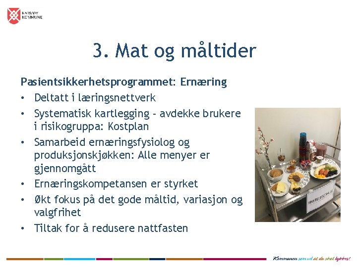 3. Mat og måltider Pasientsikkerhetsprogrammet: Ernæring • Deltatt i læringsnettverk • Systematisk kartlegging -