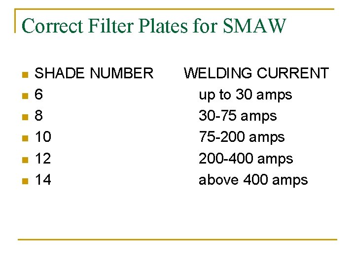 Correct Filter Plates for SMAW n n n SHADE NUMBER 6 8 10 12