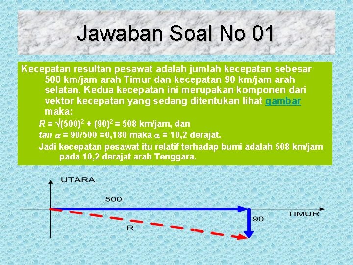 Jawaban Soal No 01 Kecepatan resultan pesawat adalah jumlah kecepatan sebesar 500 km/jam arah