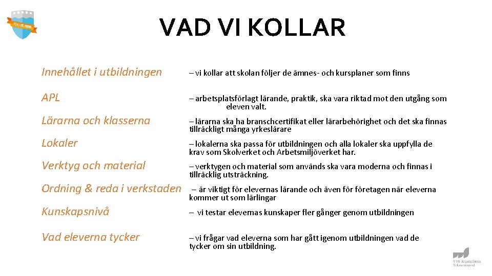 VAD VI KOLLAR Innehållet i utbildningen – vi kollar att skolan följer de ämnes-