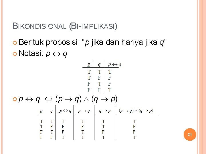 BIKONDISIONAL (BI-IMPLIKASI) Bentuk proposisi: “p jika dan hanya jika q” Notasi: p q (p