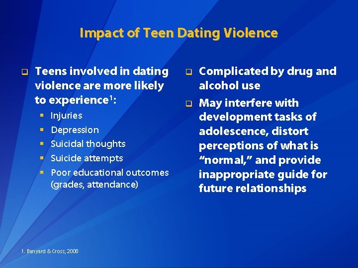 Impact of Teen Dating Violence q Teens involved in dating violence are more likely