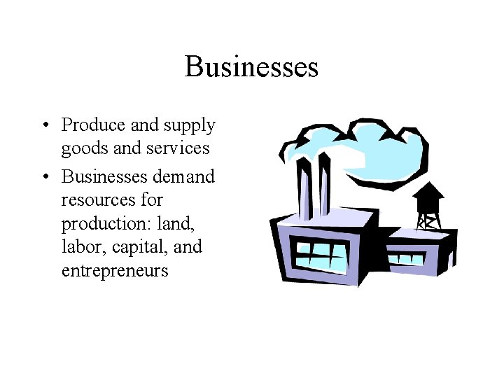 Businesses • Produce and supply goods and services • Businesses demand resources for production: Businesses • Produce and supply goods and services • Businesses demand resources for production:
