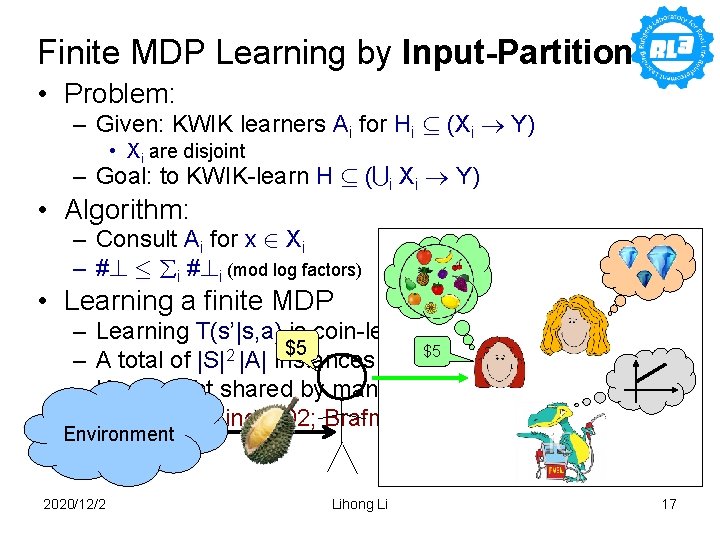 Finite MDP Learning by Input-Partition • Problem: – Given: KWIK learners Ai for Hi