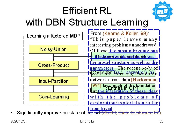 Efficient RL with DBN Structure Learning From (Kearns & Koller, 99): “T h i