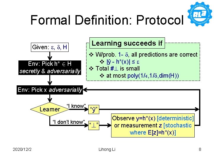 Formal Definition: Protocol Given: , , H Env: Pick h* 2 H secretly &