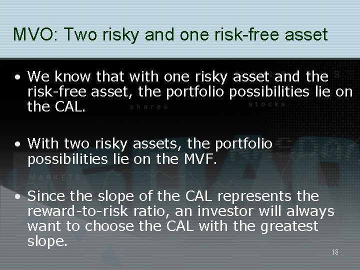 MVO: Two risky and one risk-free asset • We know that with one risky