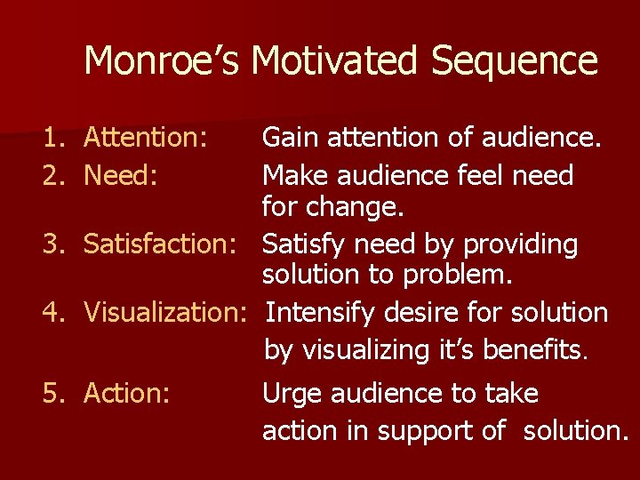 Monroe’s Motivated Sequence 1. Attention: 2. Need: Gain attention of audience. Make audience feel