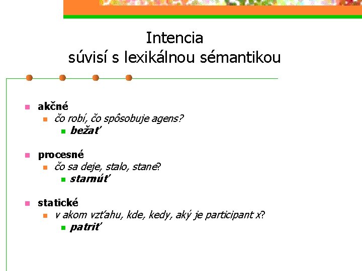 Intencia súvisí s lexikálnou sémantikou n akčné n n procesné n n čo robí,
