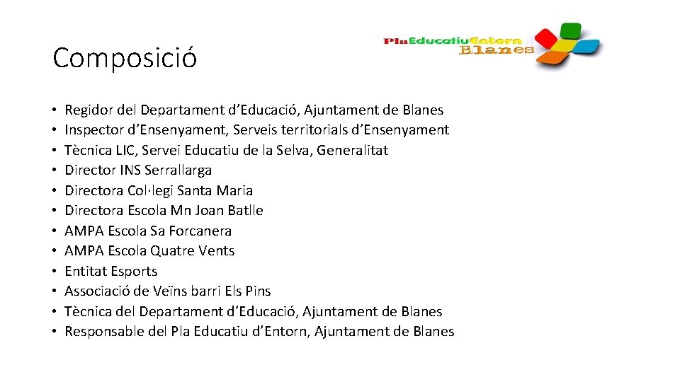 Composició • • • Regidor del Departament d’Educació, Ajuntament de Blanes Inspector d’Ensenyament, Serveis