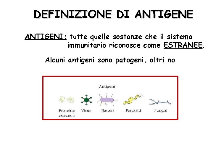 DEFINIZIONE DI ANTIGENE ANTIGENI: ANTIGENI tutte quelle sostanze che il sistema immunitario riconosce come