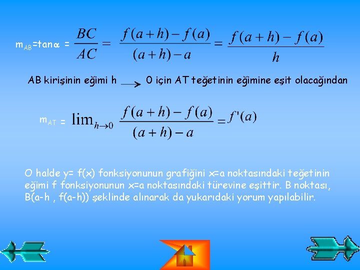 m. AB=tan = AB kirişinin eğimi h 0 için AT teğetinin eğimine eşit olacağından