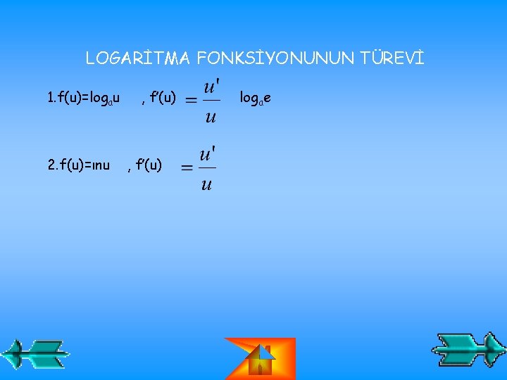 LOGARİTMA FONKSİYONUNUN TÜREVİ 1. f(u)=logau 2. f(u)=ınu , f’(u) logae LOGARİTMA FONKSİYONUNUN TÜREVİ 1. f(u)=logau 2. f(u)=ınu , f’(u) logae