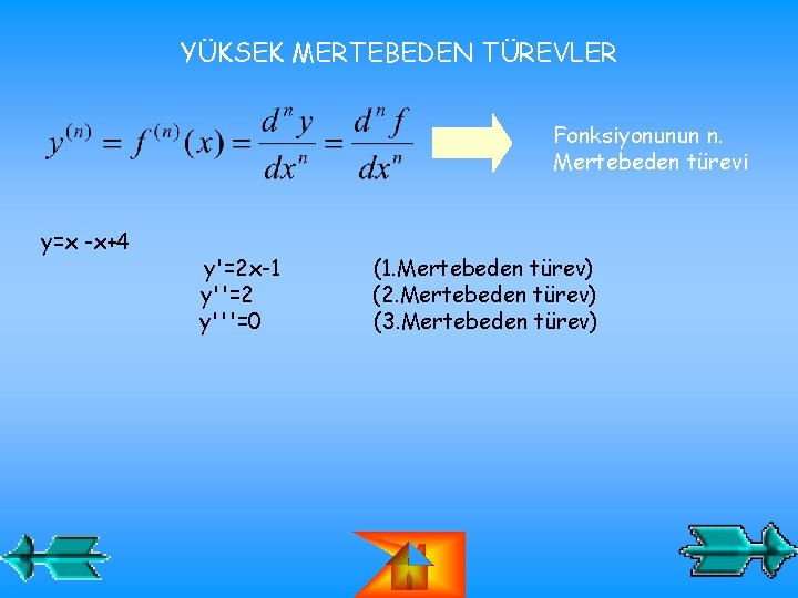 YÜKSEK MERTEBEDEN TÜREVLER Fonksiyonunun n. Mertebeden türevi y=x -x+4 y'=2 x-1 y''=2 y'''=0 (1.