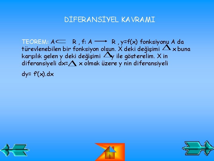 DİFERANSİYEL KAVRAMI TEOREM: A R , f: A R , y=f(x) fonksiyonu A da DİFERANSİYEL KAVRAMI TEOREM: A R , f: A R , y=f(x) fonksiyonu A da