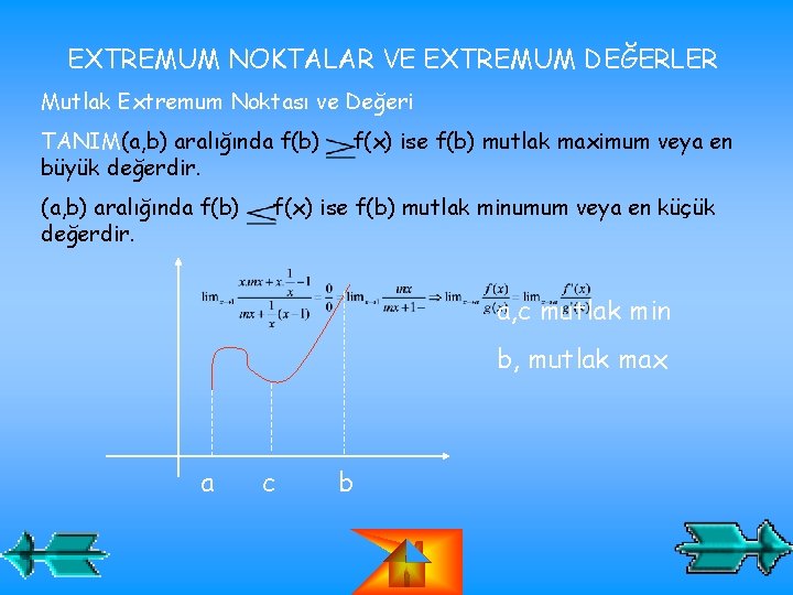 EXTREMUM NOKTALAR VE EXTREMUM DEĞERLER Mutlak Extremum Noktası ve Değeri TANIM(a, b) aralığında f(b)