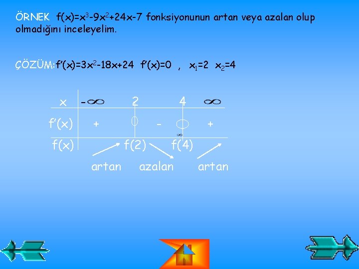 ÖRNEK f(x)=x 3 -9 x 2+24 x-7 fonksiyonunun artan veya azalan olup olmadığını inceleyelim.