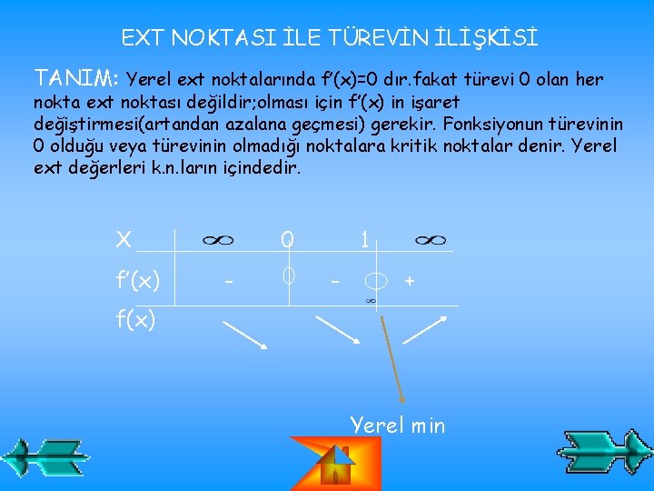 EXT NOKTASI İLE TÜREVİN İLİŞKİSİ TANIM: Yerel ext noktalarında f’(x)=0 dır. fakat türevi 0