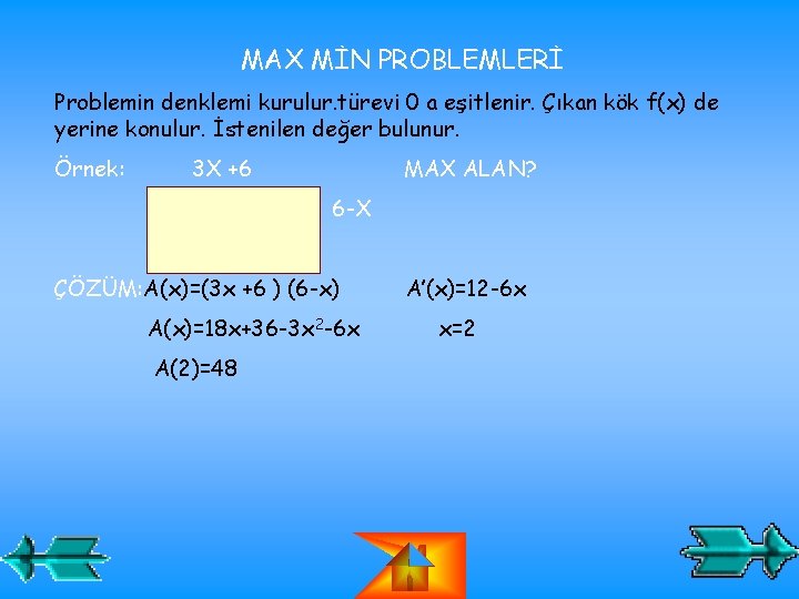 MAX MİN PROBLEMLERİ Problemin denklemi kurulur. türevi 0 a eşitlenir. Çıkan kök f(x) de