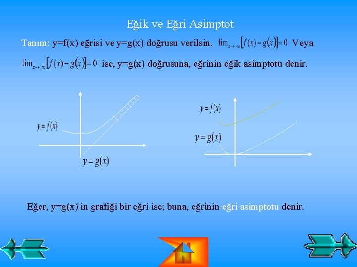 Eğik ve Eğri Asimptot Tanım: y=f(x) eğrisi ve y=g(x) doğrusu verilsin. Veya ise, y=g(x) Eğik ve Eğri Asimptot Tanım: y=f(x) eğrisi ve y=g(x) doğrusu verilsin. Veya ise, y=g(x)