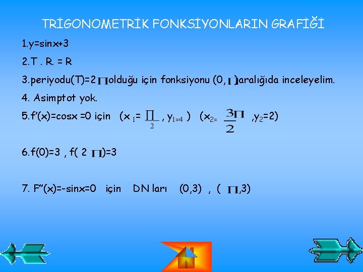 TRİGONOMETRİK FONKSİYONLARIN GRAFİĞİ 1. y=sinx+3 2. T. R. = R 3. periyodu(T)=2 olduğu için TRİGONOMETRİK FONKSİYONLARIN GRAFİĞİ 1. y=sinx+3 2. T. R. = R 3. periyodu(T)=2 olduğu için