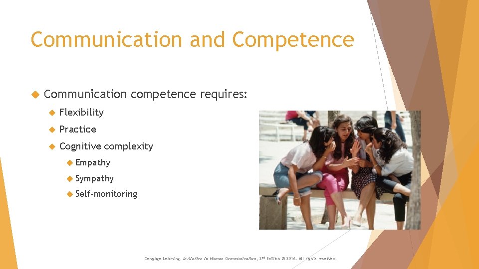 Communication and Competence Communication competence requires: Flexibility Practice Cognitive complexity Empathy Sympathy Self-monitoring Cengage Communication and Competence Communication competence requires: Flexibility Practice Cognitive complexity Empathy Sympathy Self-monitoring Cengage