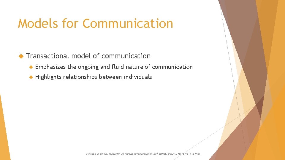 Models for Communication Transactional model of communication Emphasizes the ongoing and fluid nature of Models for Communication Transactional model of communication Emphasizes the ongoing and fluid nature of