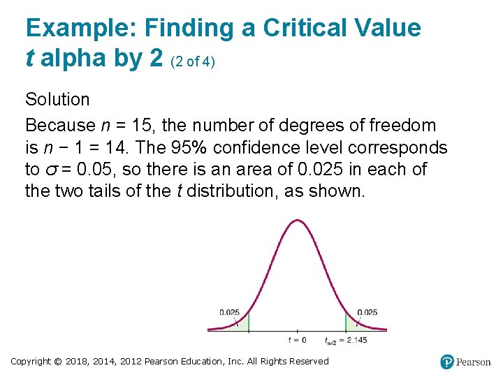 Example: Finding a Critical Value t alpha by 2 (2 of 4) Solution Because