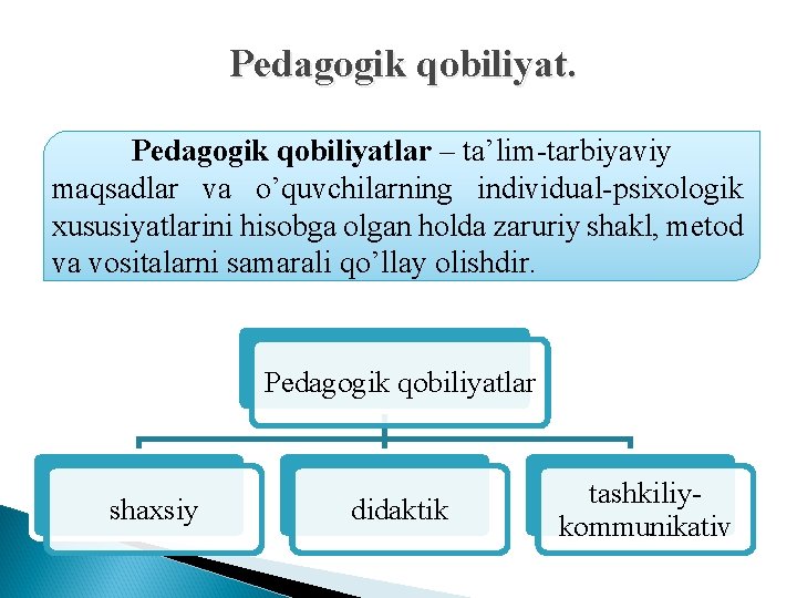 Pеdаgоgik qobiliyat. Pеdаgоgik qоbiliyatlаr – tа’lim tаrbiyaviy mаqsаdlаr vа o’quvchilаrning individuаl psiхоlоgik хususiyatlаrini hisоbgа