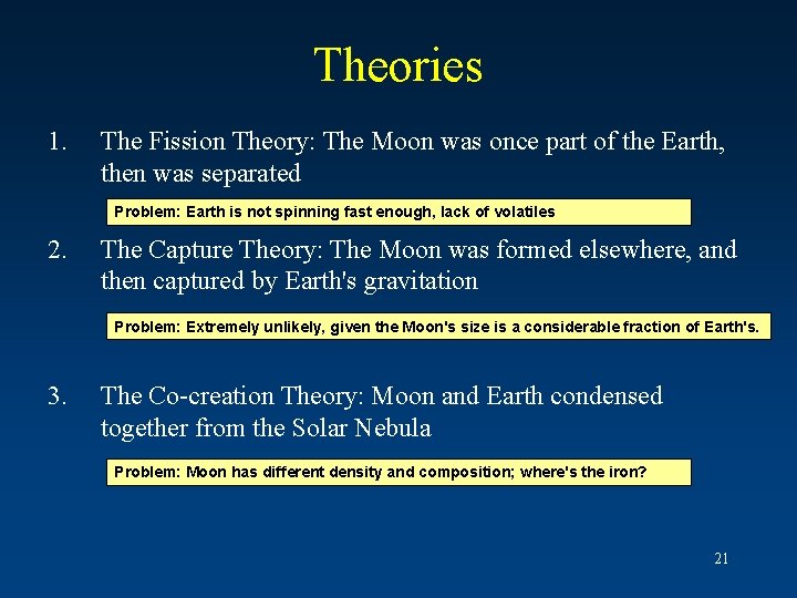Theories 1. The Fission Theory: The Moon was once part of the Earth, then