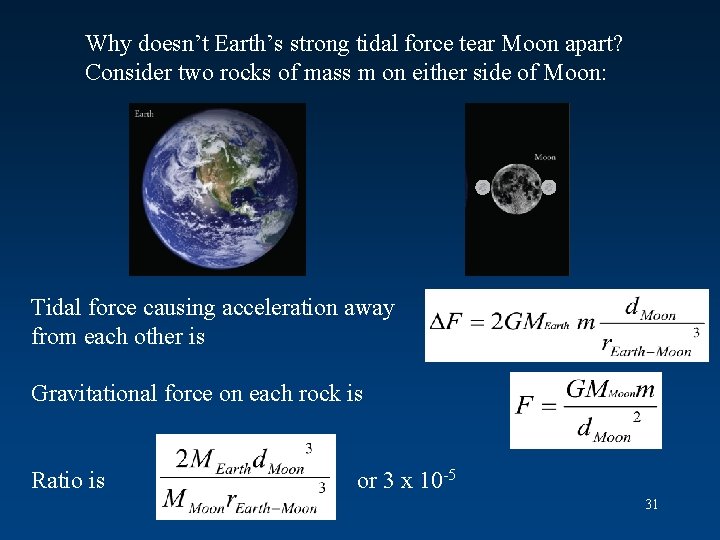 Why doesn’t Earth’s strong tidal force tear Moon apart? Consider two rocks of mass