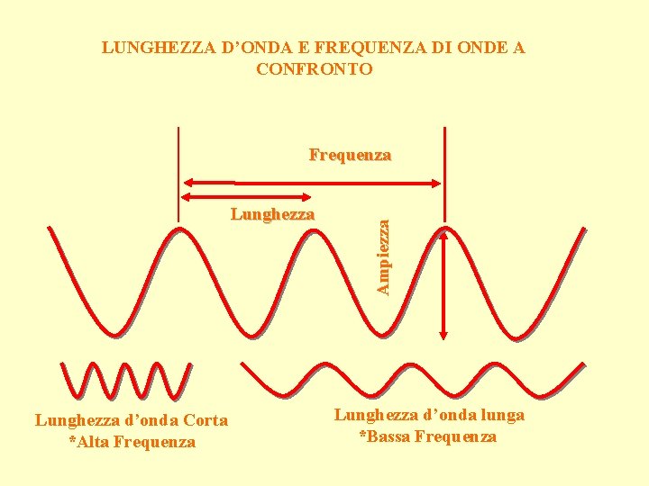 LUNGHEZZA D’ONDA E FREQUENZA DI ONDE A CONFRONTO Lunghezza d’onda Corta *Alta Frequenza Ampiezza