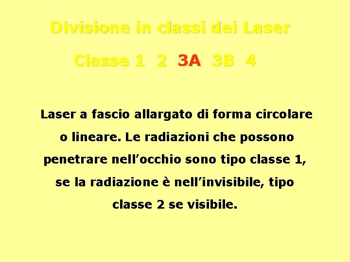 Divisione in classi dei Laser Classe 1 2 3 A 3 B 4 Laser