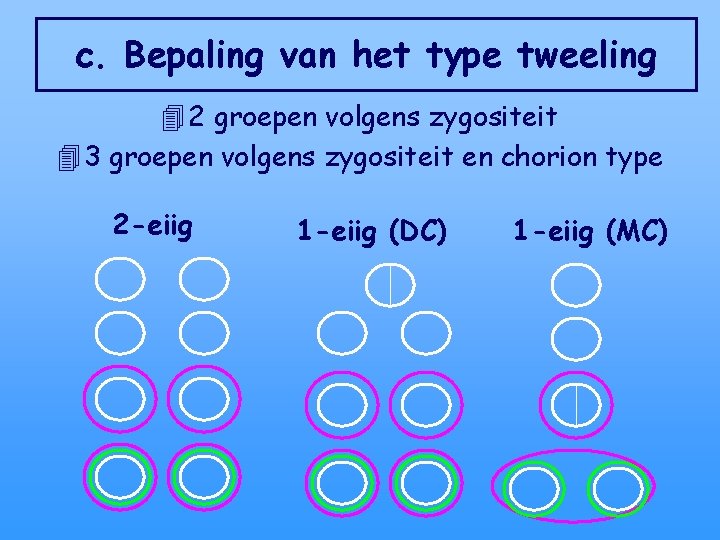 c. Bepaling van het type tweeling 4 2 groepen volgens zygositeit 4 3 groepen