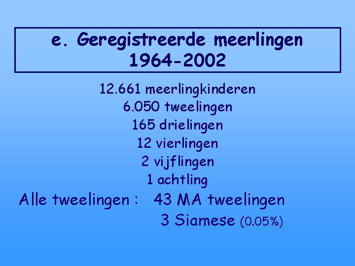 e. Geregistreerde meerlingen 1964 -2002 12. 661 meerlingkinderen 6. 050 tweelingen 165 drielingen 12