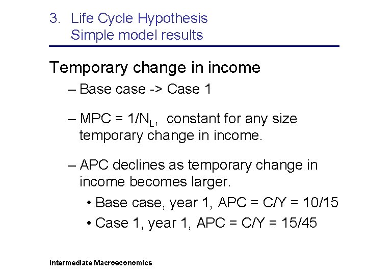 3. Life Cycle Hypothesis Simple model results Temporary change in income – Base case