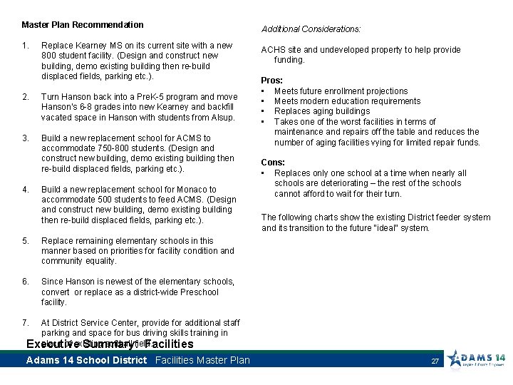 Master Plan Recommendation 1. Replace Kearney MS on its current site with a new