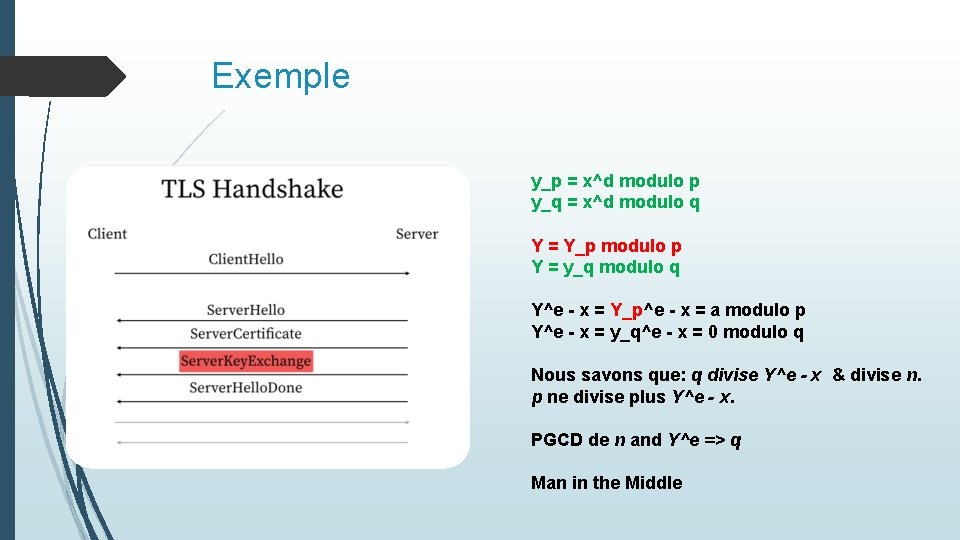 Exemple y_p = x^d modulo p y_q = x^d modulo q Y = Y_p Exemple y_p = x^d modulo p y_q = x^d modulo q Y = Y_p