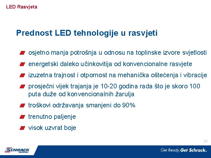 LED Rasvjeta Prednost LED tehnologije u rasvjeti osjetno manja potrošnja u odnosu na toplinske