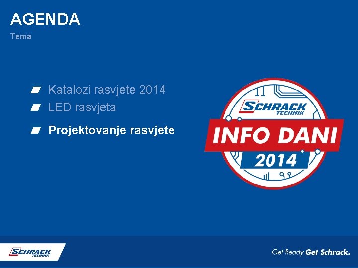 AGENDA Tema Katalozi rasvjete 2014 LED rasvjeta Projektovanje rasvjete 