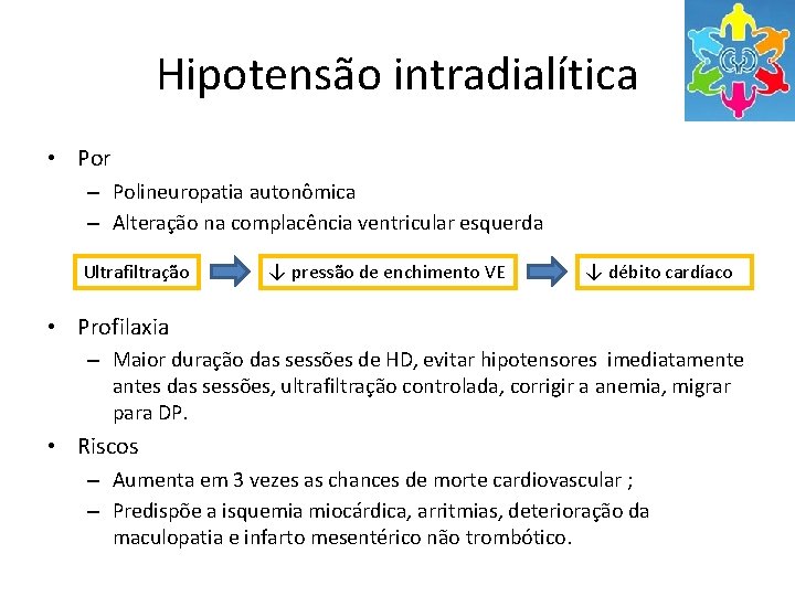 Hipotensão intradialítica • Por – Polineuropatia autonômica – Alteração na complacência ventricular esquerda Ultrafiltração