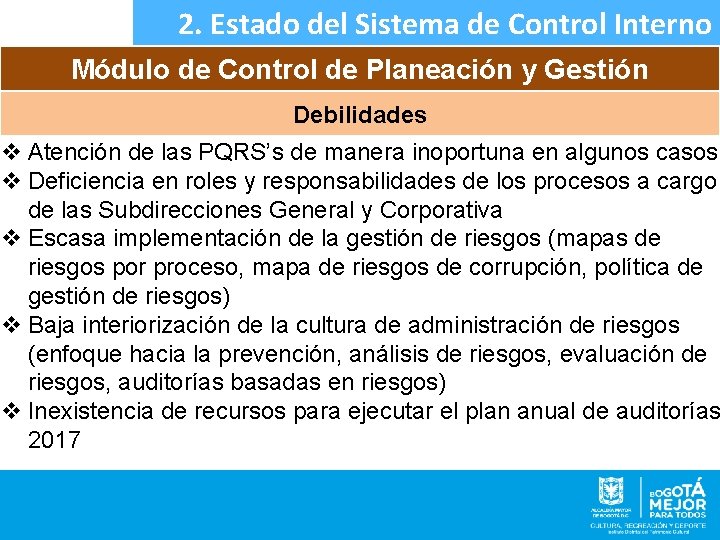 2. Estado del Sistema de Control Interno Módulo de Control de Planeación y Gestión