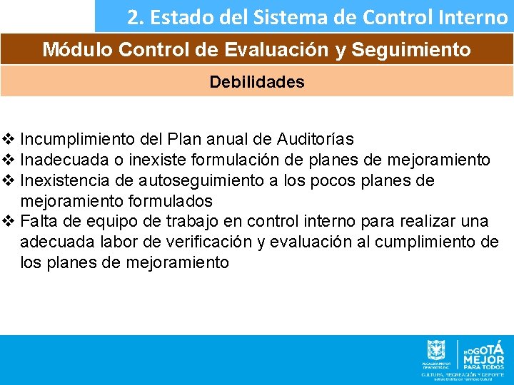 2. Estado del Sistema de Control Interno Módulo Control de Evaluación y Seguimiento Debilidades