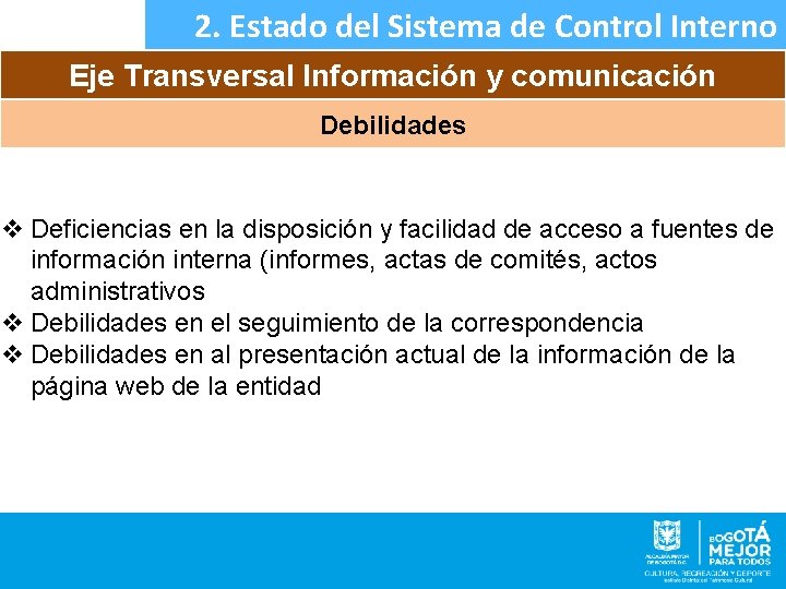2. Estado del Sistema de Control Interno Eje Transversal Información y comunicación Debilidades v